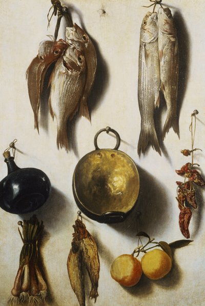 魚、調理器具、野菜、果物のトロンプルイユ 作： Vicente Victoria or Vitoria